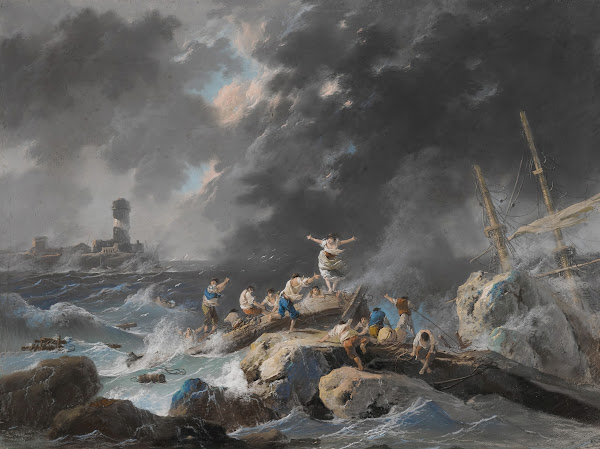 A shipwreck on a coast during a storm a lighthouse beyond