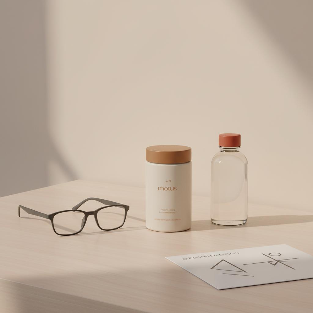 Minimalist bedside table with Tonum Nouro container, reading glasses, small water bottle and ophthalmology pamphlet in soft natural light highlighting alpha-lipoic acid eye health
