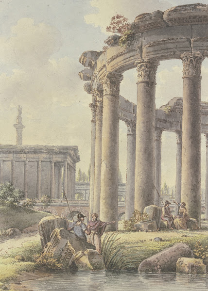 Architektonisches Capriccio Ruinen eines Rundtempels im Hintergrund die Trajansä