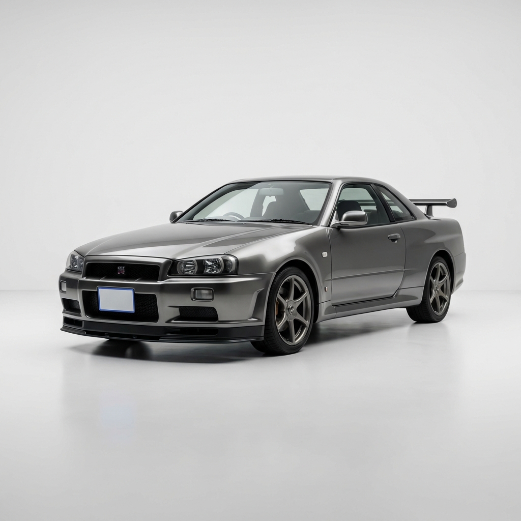 nissan skyline r34 for sale studio shot on white background minimalist CarFax Deals aesthetic metallic gunmetal three quarter front view full frame