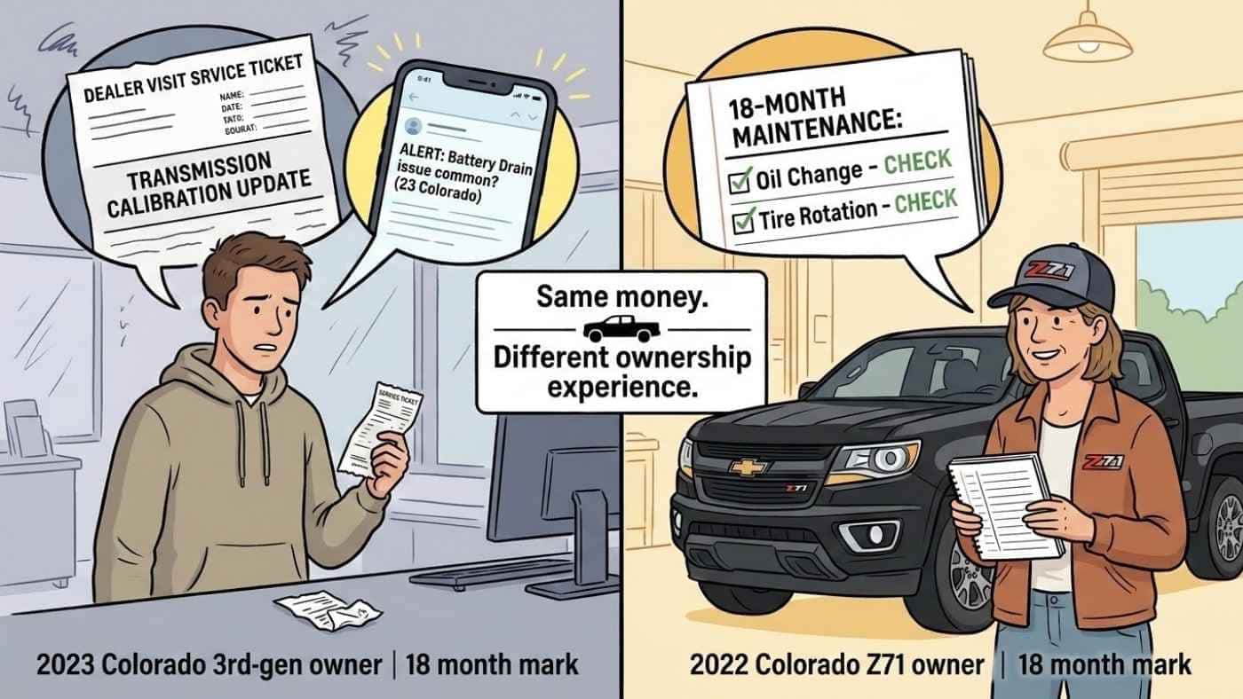 Illustration comparing a 2023 Colorado owner facing issues with a 2022 Colorado owner enjoying routine maintenance.