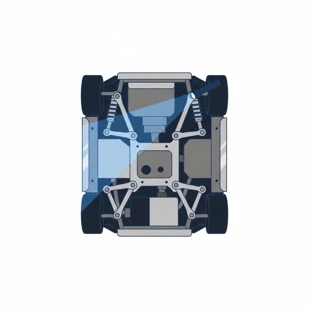 Minimalist 2D vector underbody view of a smart car for sale showing rocker sills and suspension mounting points illuminated by a mechanic flashlight on a white background with blue accents