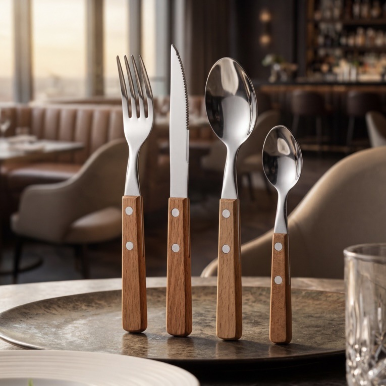 Besteckset 12-teilig, Edelstahl mit Holzgriff