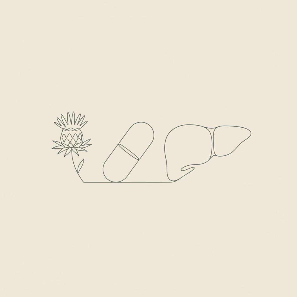 Minimalist vector line illustration on beige background of a milk thistle flower, capsule, and liver outline — does milk thistle cleanse the liver