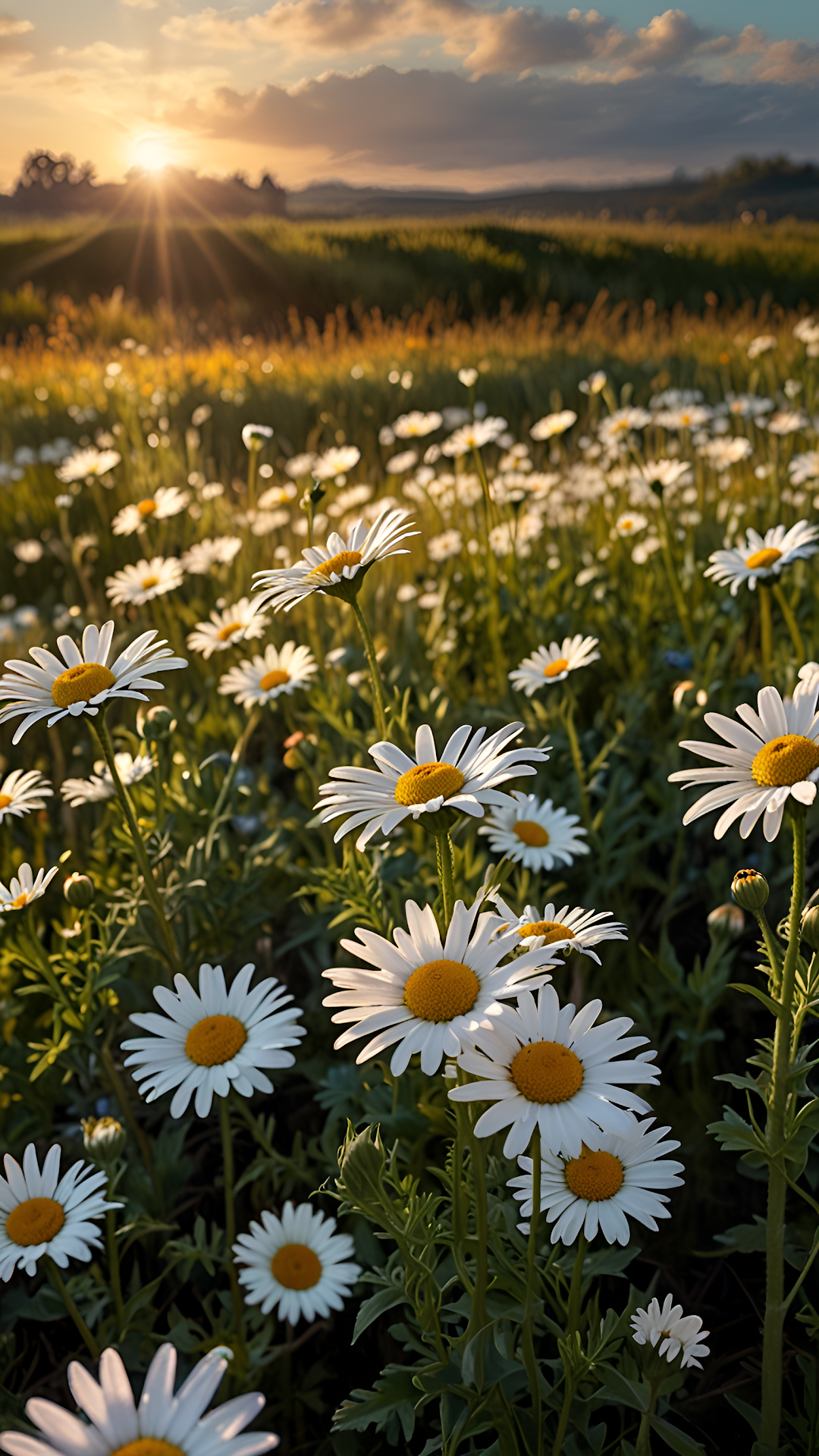 Daisy Field Sunset Golden Hour Meadow White Flowers - Free 4K mobile Wallpaper