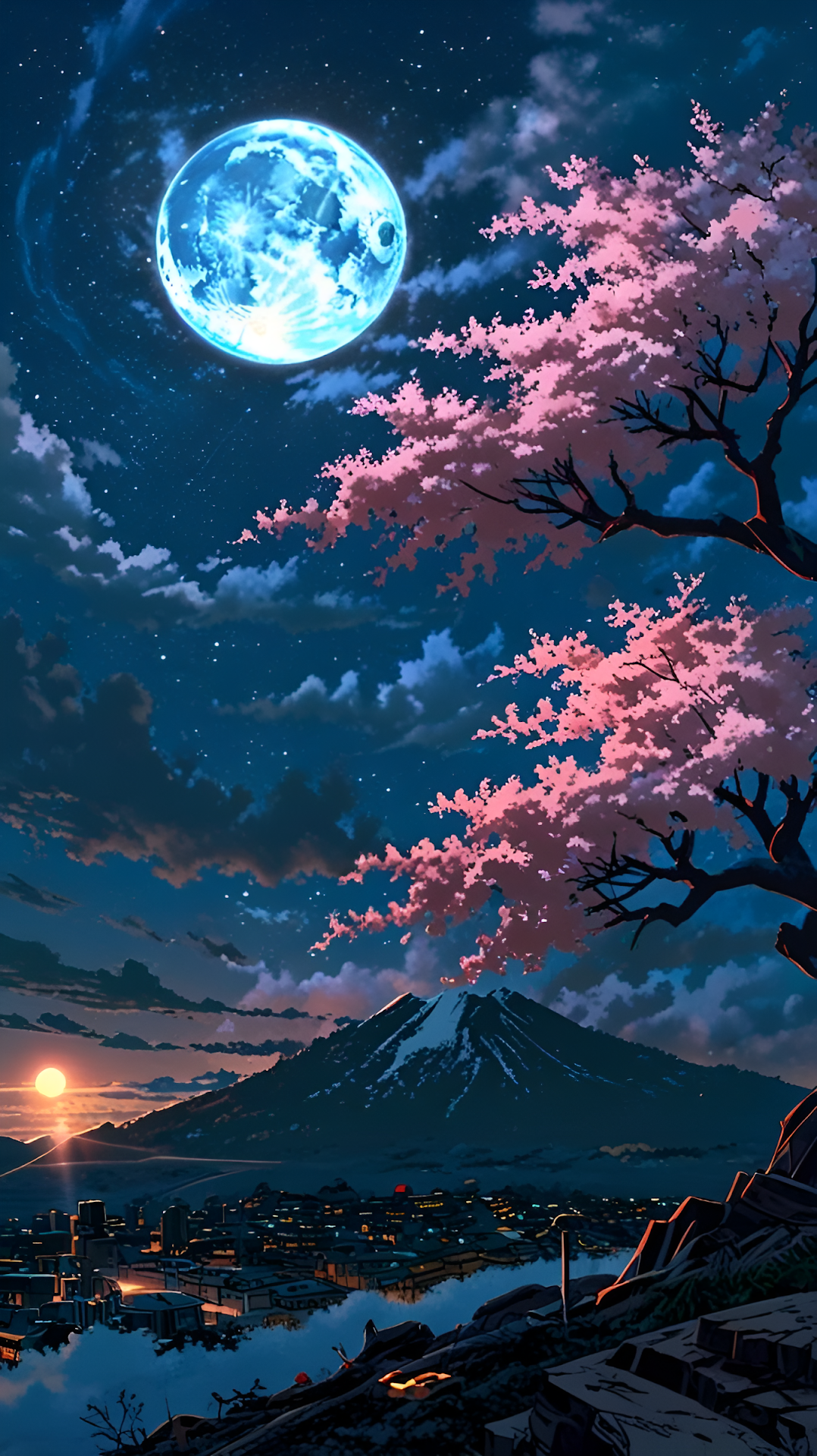 Majestic Mount Fuji Night View with Blue Moon and Sakura - Free 4K mobile Wallpaper