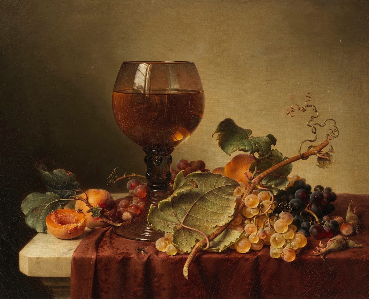 Stillleben mit Selbstportrait im Weinglas und Früchten 1861