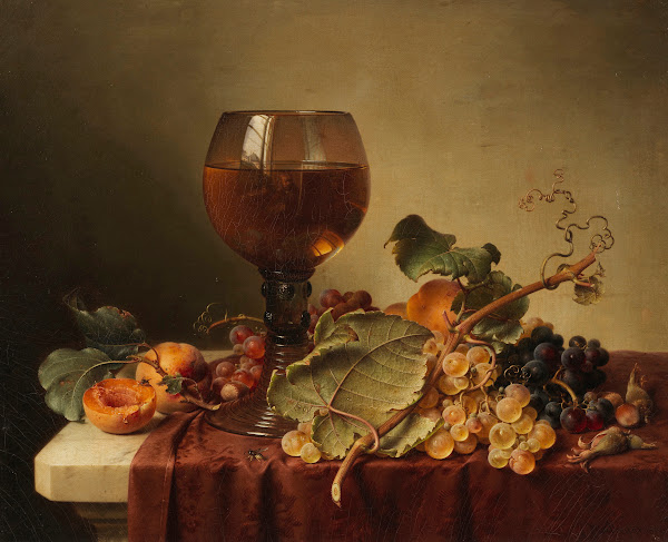 Stillleben mit Selbstportrait im Weinglas und Früchten 1861