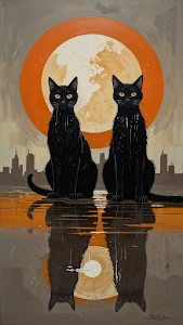 Two Black Cats Under Orange Moon with City