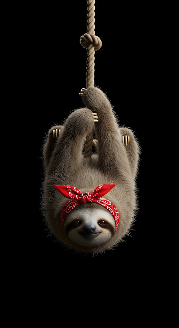 Cute Sloth Wearing Red Bandana Hanging on Rope Dark Background - Free mobile Wallpaper