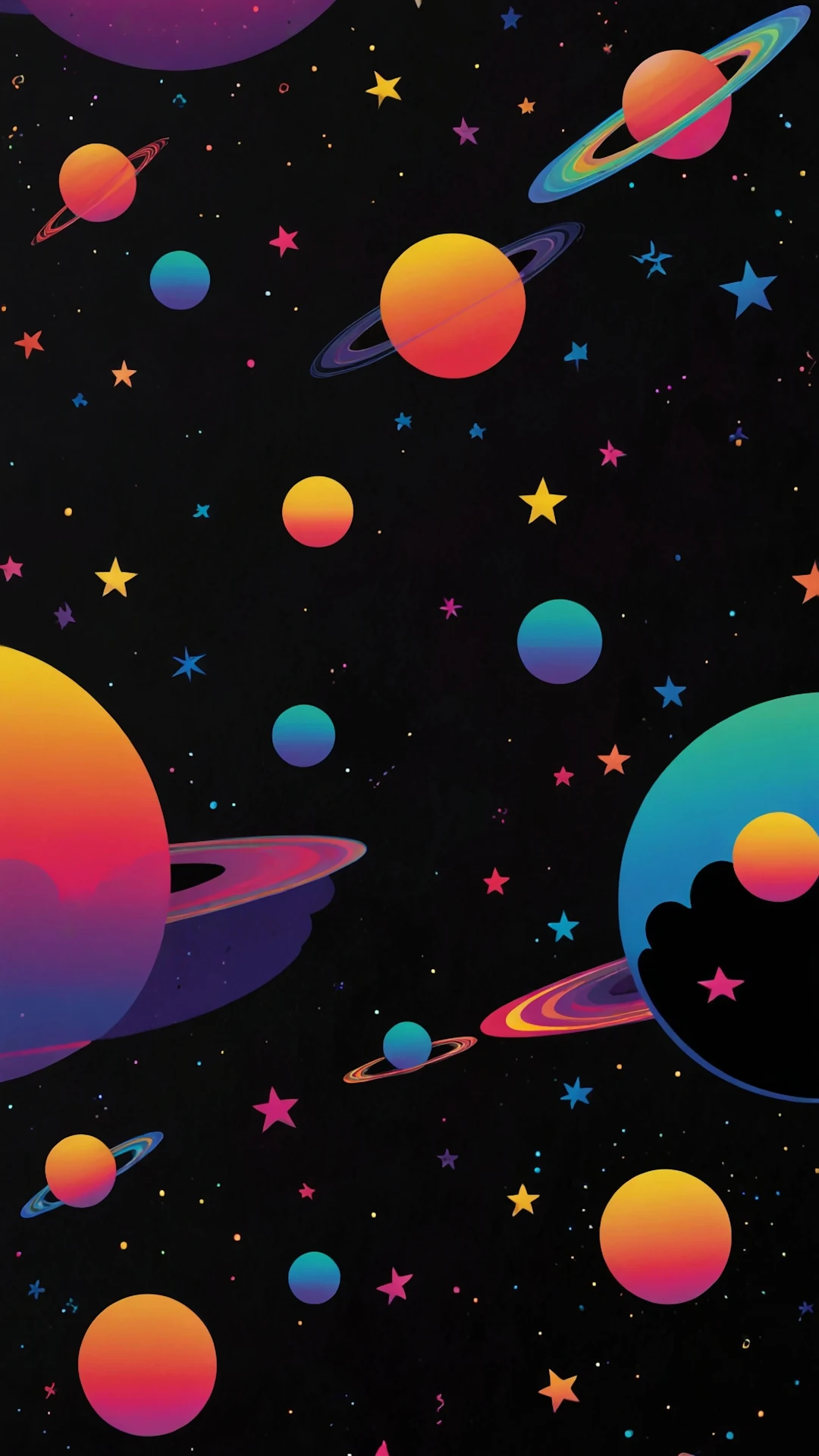 Vibrant Retro Cosmic Pattern with Neon Gradient Planets and Stars - Free 4K mobile Wallpaper
