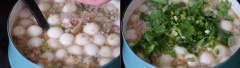 Khi thịt đã tơi thì cho nấm hương, tôm nõn đã làm sạch cùng tép rồi đảo đều. Sau đó chế nước dùng gà, nước ngâm nấm vào nấu sôi khoảng 10 phút. Sau đó thêm dưa cải, nước mắm, cần tây vào nồi cùng bánh nếp và nấu đến khi bánh chín, nổi trên mặt, có màu trong là được. Sau cùng thêm chút tiêu, hành lá và ngò vào là tắt bếp được nha.