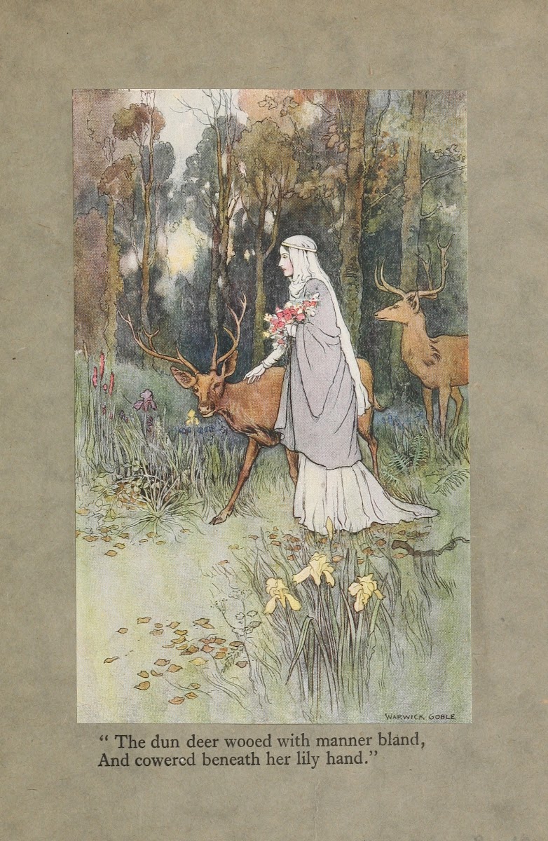 The dun deer wooed with manner bland And cowered beneath her lily hand 1920
