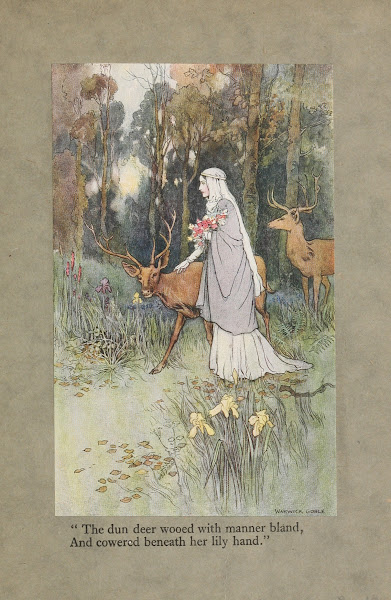 The dun deer wooed with manner bland And cowered beneath her lily hand 1920