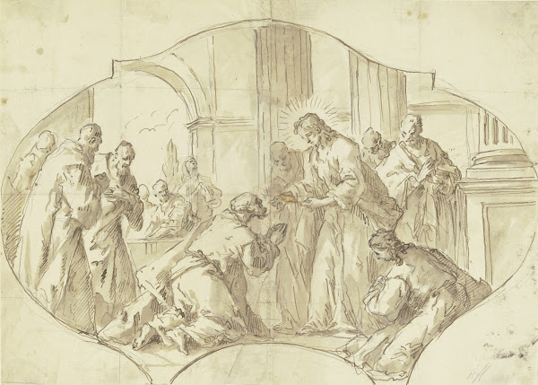 Christus reicht den Aposteln das Abendmahl