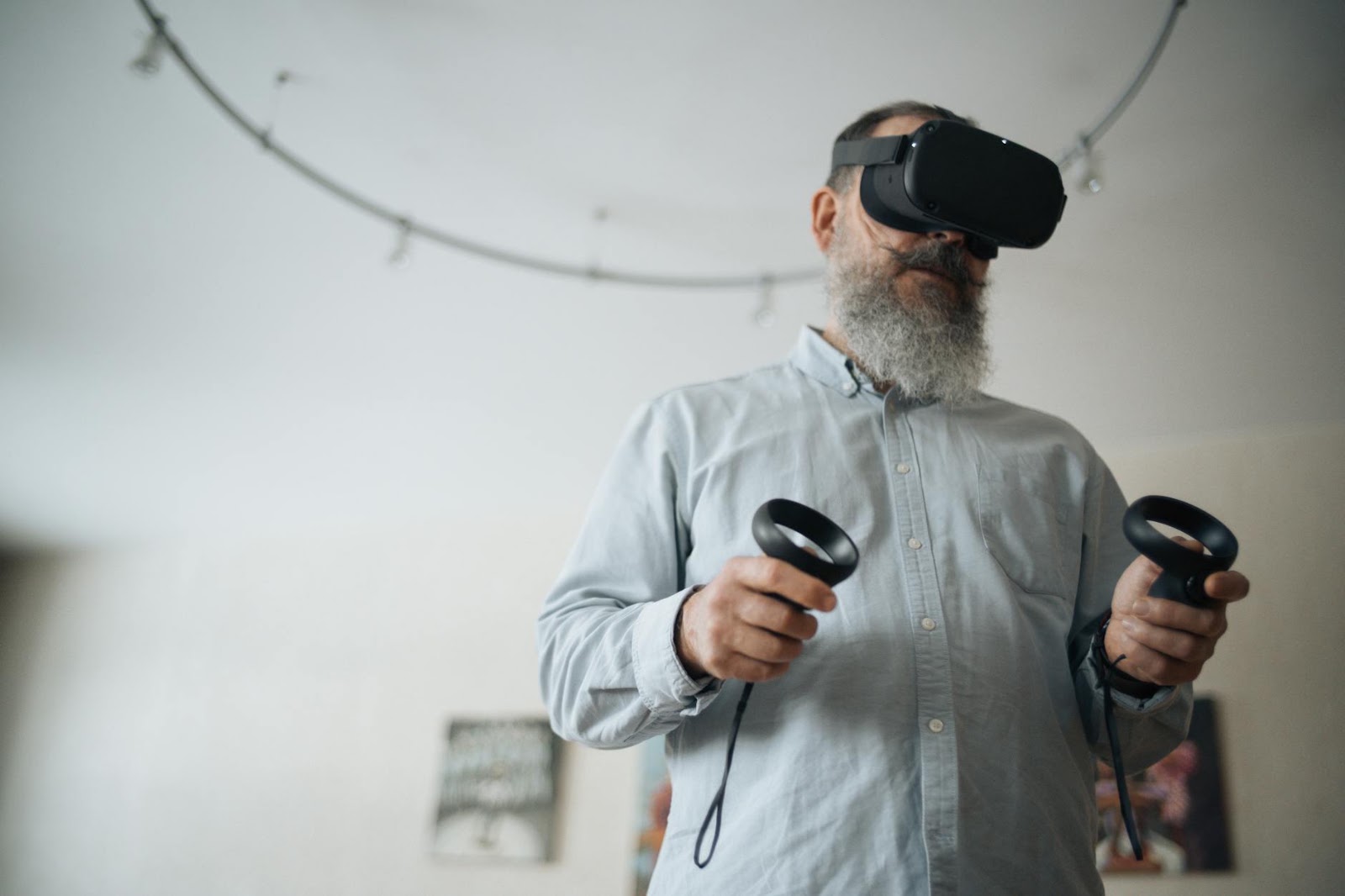 A customer engaging in a futuristic augmented reality shopping experience, highlighting the future integration of AR/VR with live social media shopping.