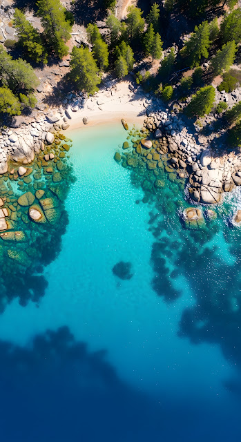 Turquoise Water Cove with Pine Trees and Boulders - Free mobile Wallpaper