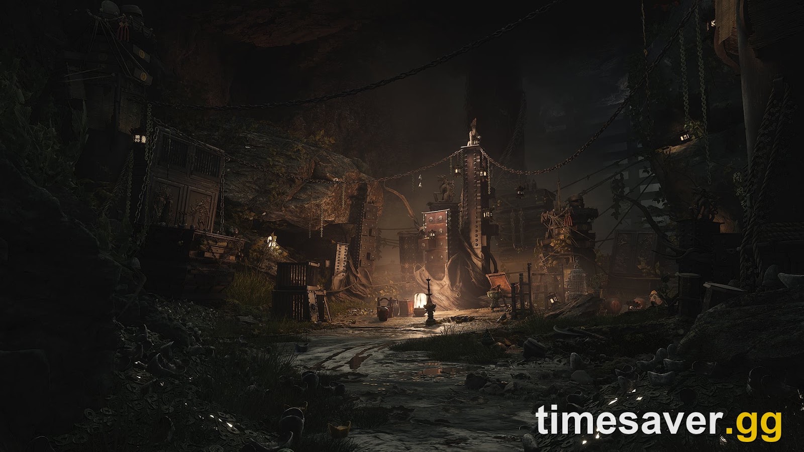 Lantern-lit cavern shrine with chained pillars and scattered coins in Phantom Blade Zero