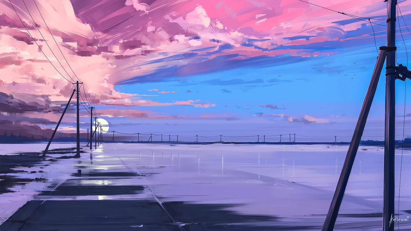 Reflective Road Under Pink Sky - Anime Digital Painting Full HD Wallpaper (1920x1080)