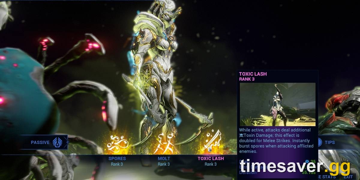 Saryn's ability screen in Warframe showing Spores, Molt and Toxic Lash — her Viral spread and scaling AoE make her a top nuke frame for endless Steel Path missions
