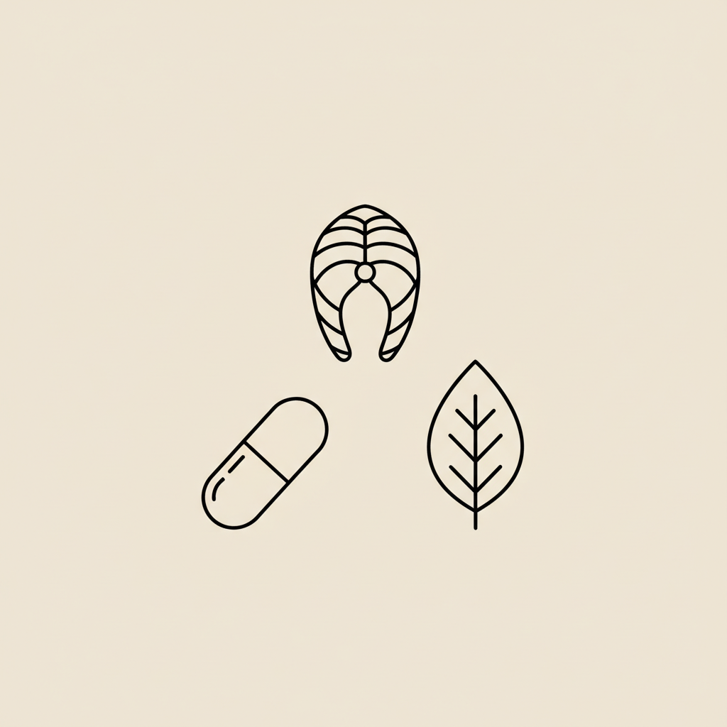 Minimal Tonum-style line illustration of fish fillet, capsule, and leaf on beige background representing omega-3 and botanicals — do brain vitamins really work?