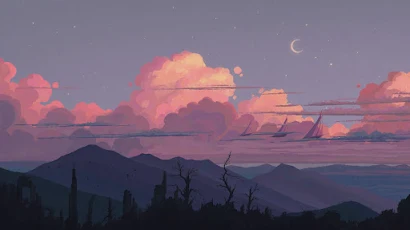 Pixel Art, Landscape, Night, Pink Clouds 4K Wallpaper