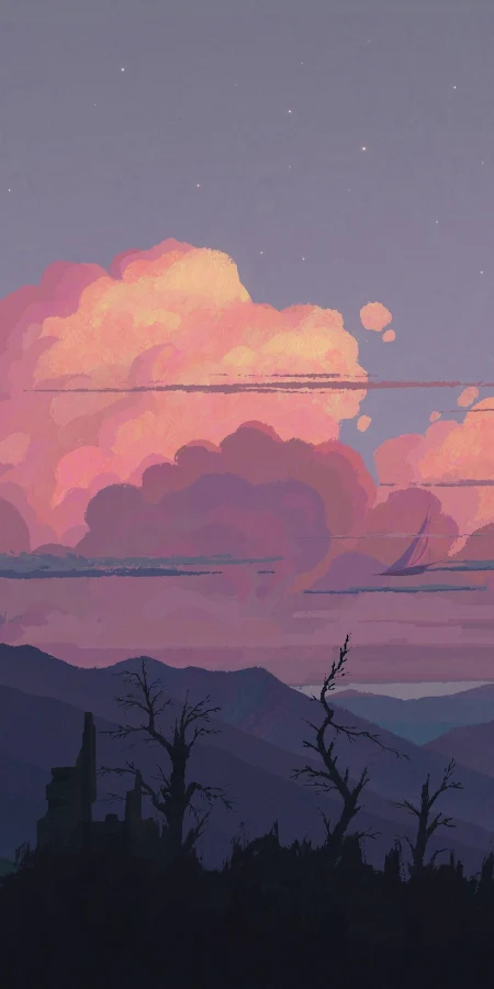 Pixel Art, Landscape, Night, Pink Clouds 4K Phone Wallpaper