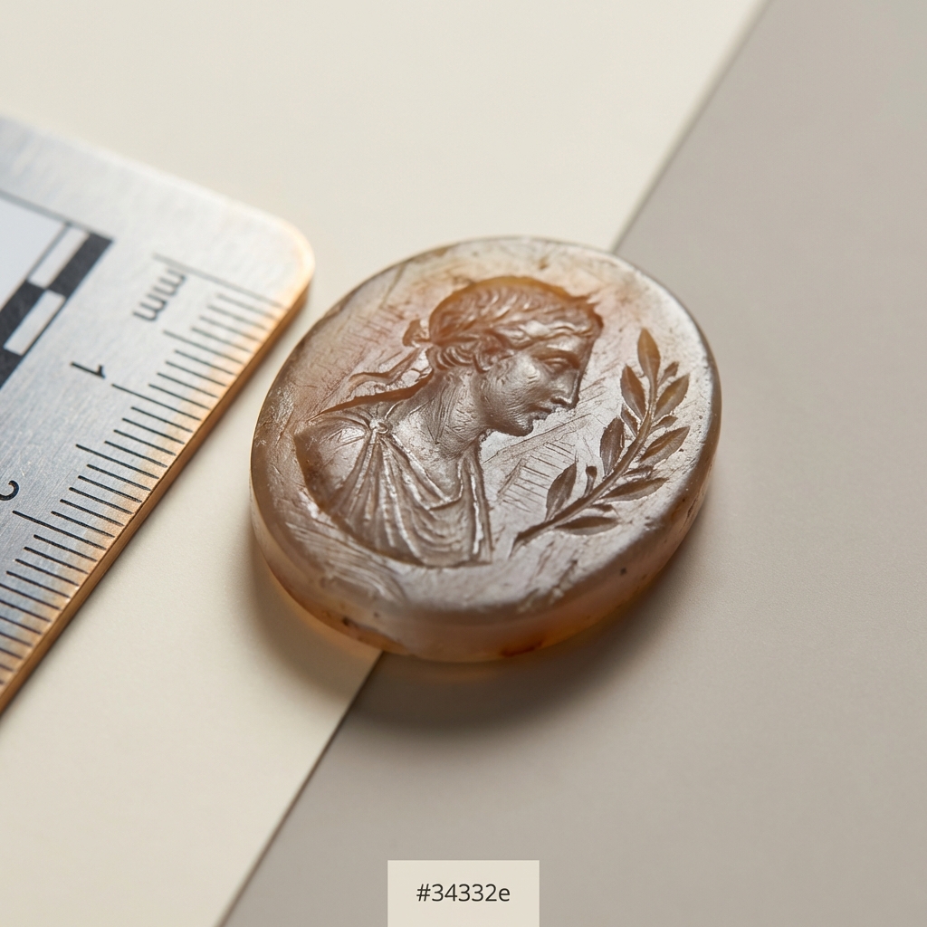 Macro photo of a carved intaglio showing visible tool marks and aged patina with a ruler and calibrated scale for size reference triskelion ring meaning