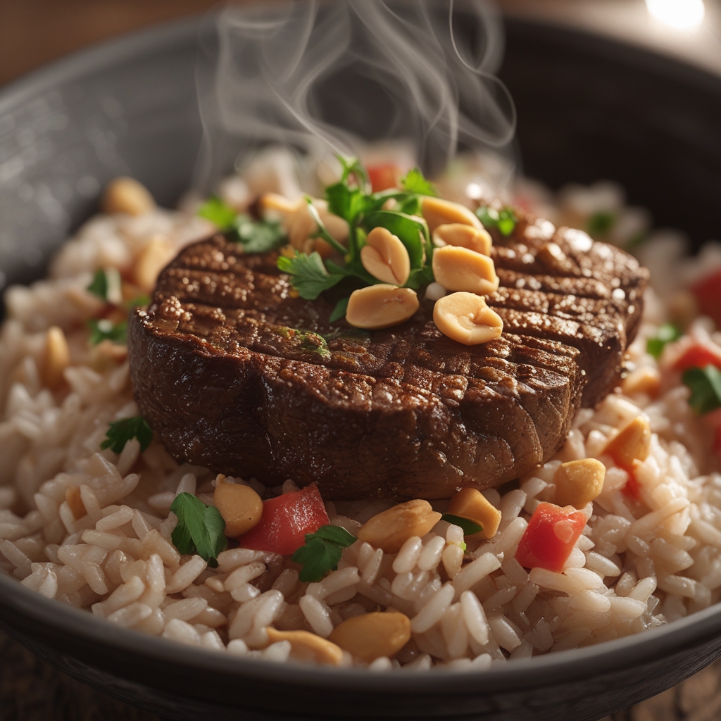 Final West African Suya Spice Steak & Peanut Jollof Rice Power Bowl with Quick Cucumber Salad