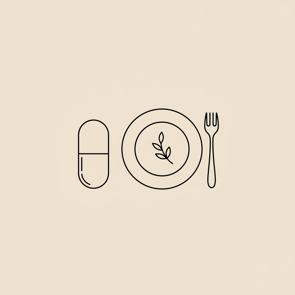 Minimal Tonum-style line illustration of a capsule beside a stylized plate with fork and a small plant sprig on beige background — probiotics for weight loss