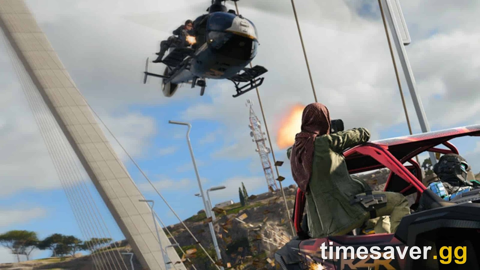 Call of Duty Warzone battle royale gameplay with a helicopter and vehicle firefight, representing MW4's three Warzone mastery camos