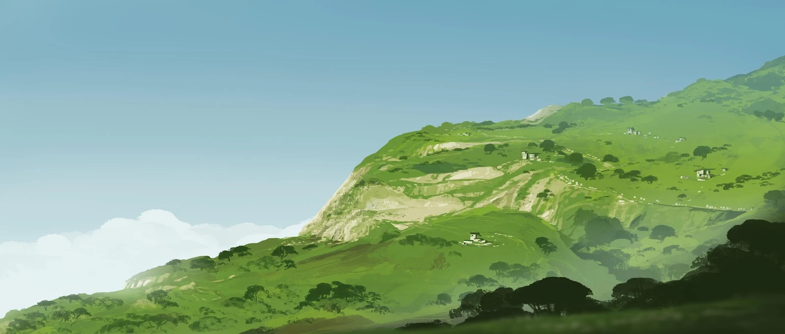 Green Landscape, Mountain Scenery, Digital Illustration, Nature Art 4K Wallpaper Background (5640x2400)