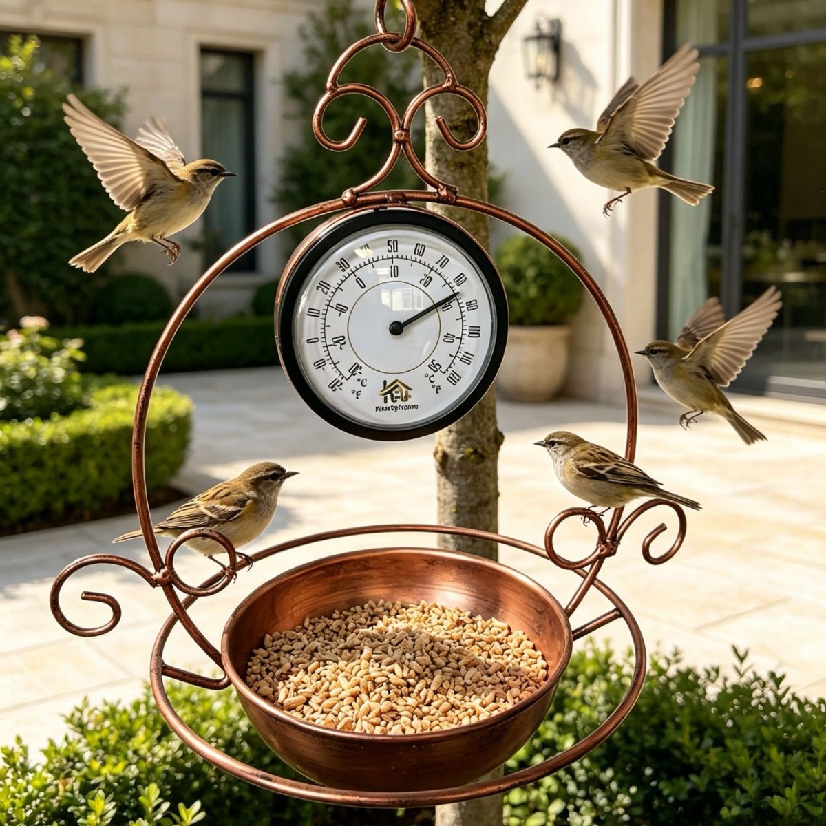 Hanging bird feeder made of iron with thermometer