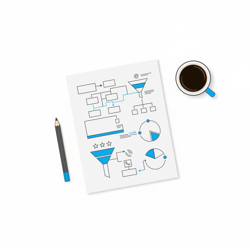 Overhead 2D vector of a desk with a notebook page of customer journey flowcharts, pencil and coffee cup in minimalist Agency Visible style &mdash; How much do TikTok accountants make?