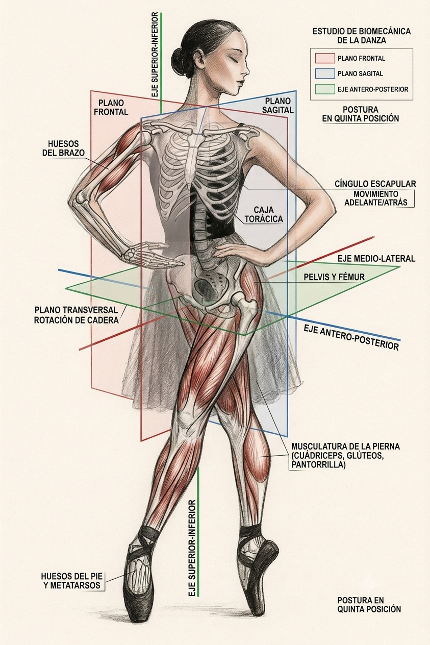 Estudio de biomecánica de la danza: ilustración técnica de una bailarina en quinta posición con planos anatómicos, ejes de movimiento y musculatura señalados