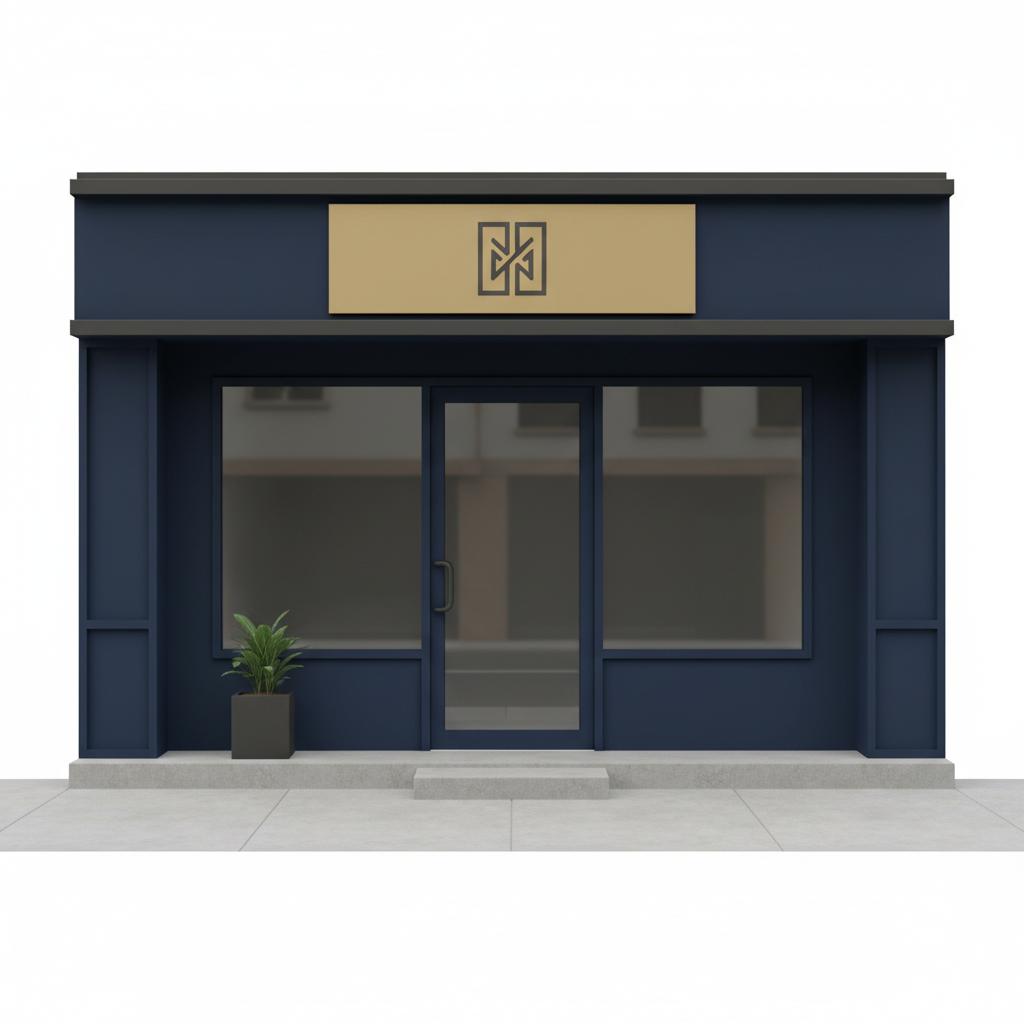 Minimalist small storefront exterior with clean entrance and simple sign in Orvus Ltd. gold #C8A45D against navy #0B1E33 background with #2E3237 accents, soft daytime lighting &mdash; local SEO