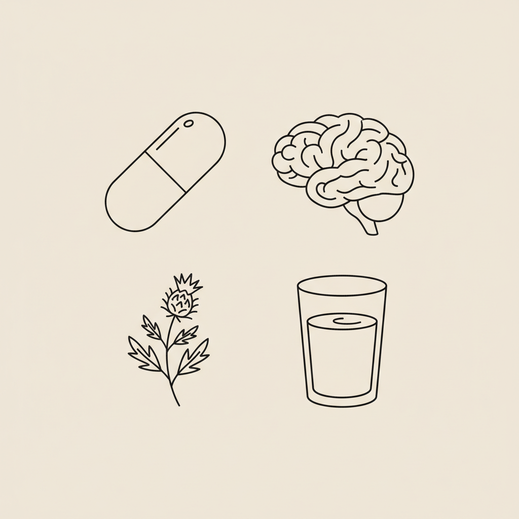 Minimal Tonum-style vector line illustration of a capsule, brain outline, milk thistle sprig and glass of water representing Does B12 help prevent Alzheimer's