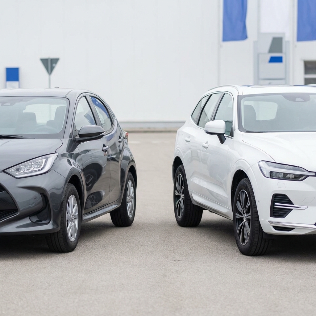 Close up comparison of a hatchback and a midsize SUV parked side by side at a dealership under overcast light emphasizing clean lines and comparison best time of year to buy a car