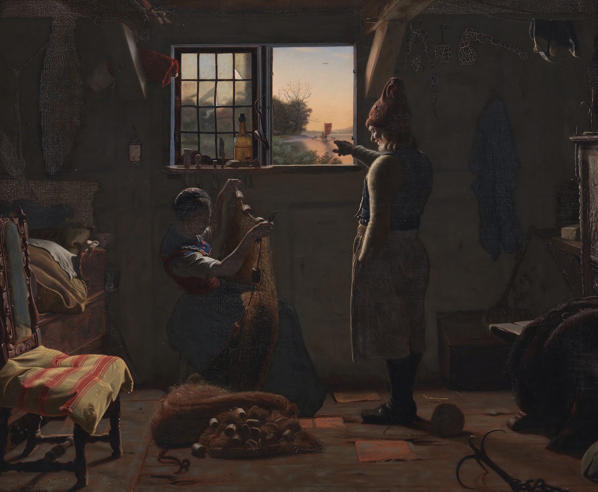 En fisker viser sin datter en bortsejlende båd 1854