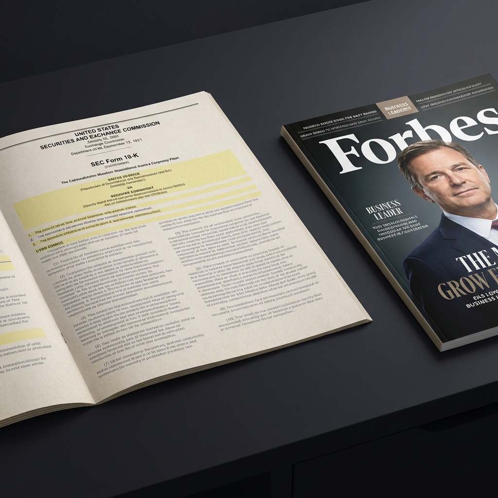 Close shot of an SEC filing document beside a Forbes magazine cover on a minimalist Funded Plays dark background symbolizing disclosure and valuation dallas mavericks prediction