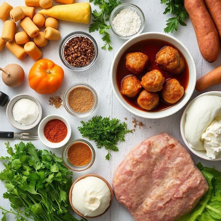 Ingredients for Irresistible Pork Meatballs with Sweet Potato Mash & Bourbon-Maple Sauce – Easy Homemade Dinner