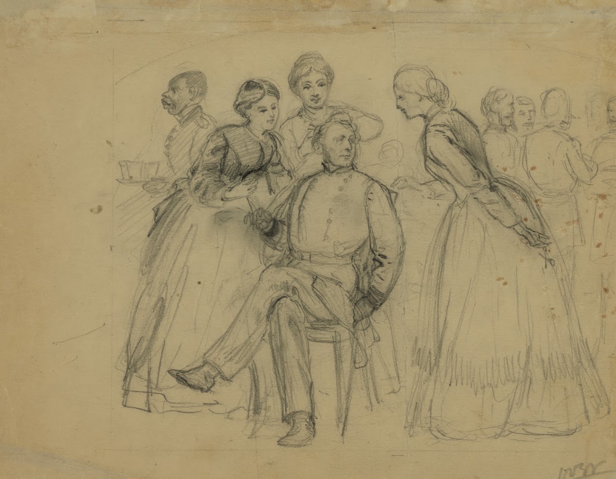 Two women trimming a mans hair 1860 1865