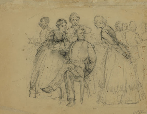 Two women trimming a mans hair 1860 1865