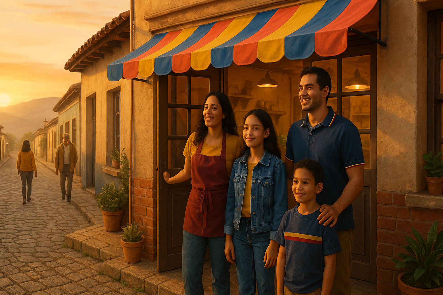 Familia venezolana sonriendo frente a un pequeño local en un pueblo, al amanecer
