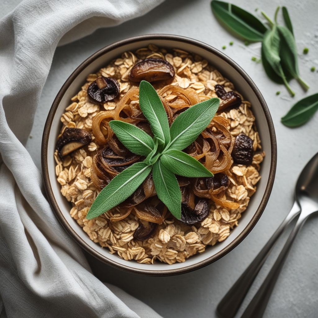 Golden Umami Mushroom & Caramelized Onion Savory Baked Oats with Crispy Sage
