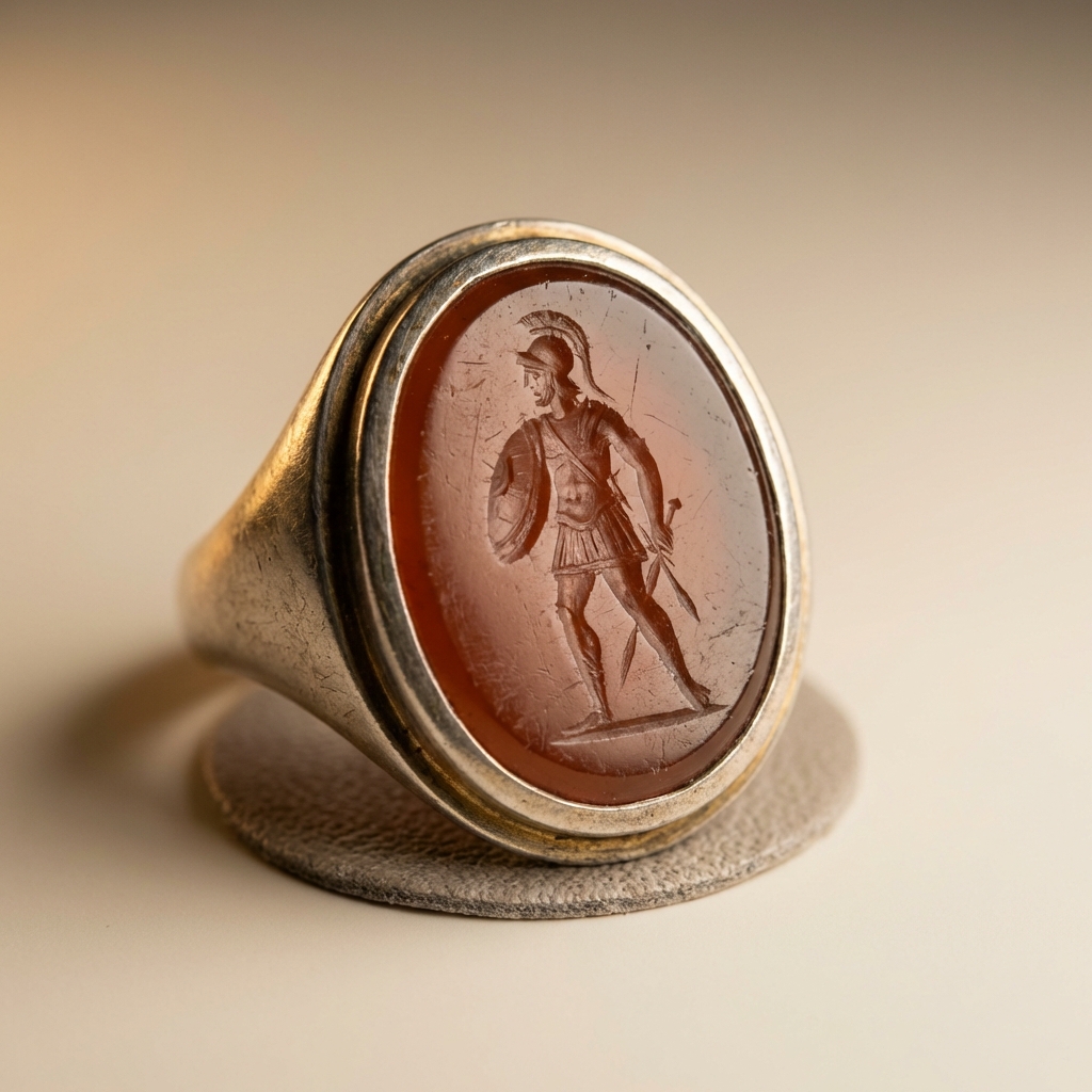Macro photograph of an authentic ancient roman ring carnelian intaglio set in silver showing tool marks and bezel wear on a warm neutral background