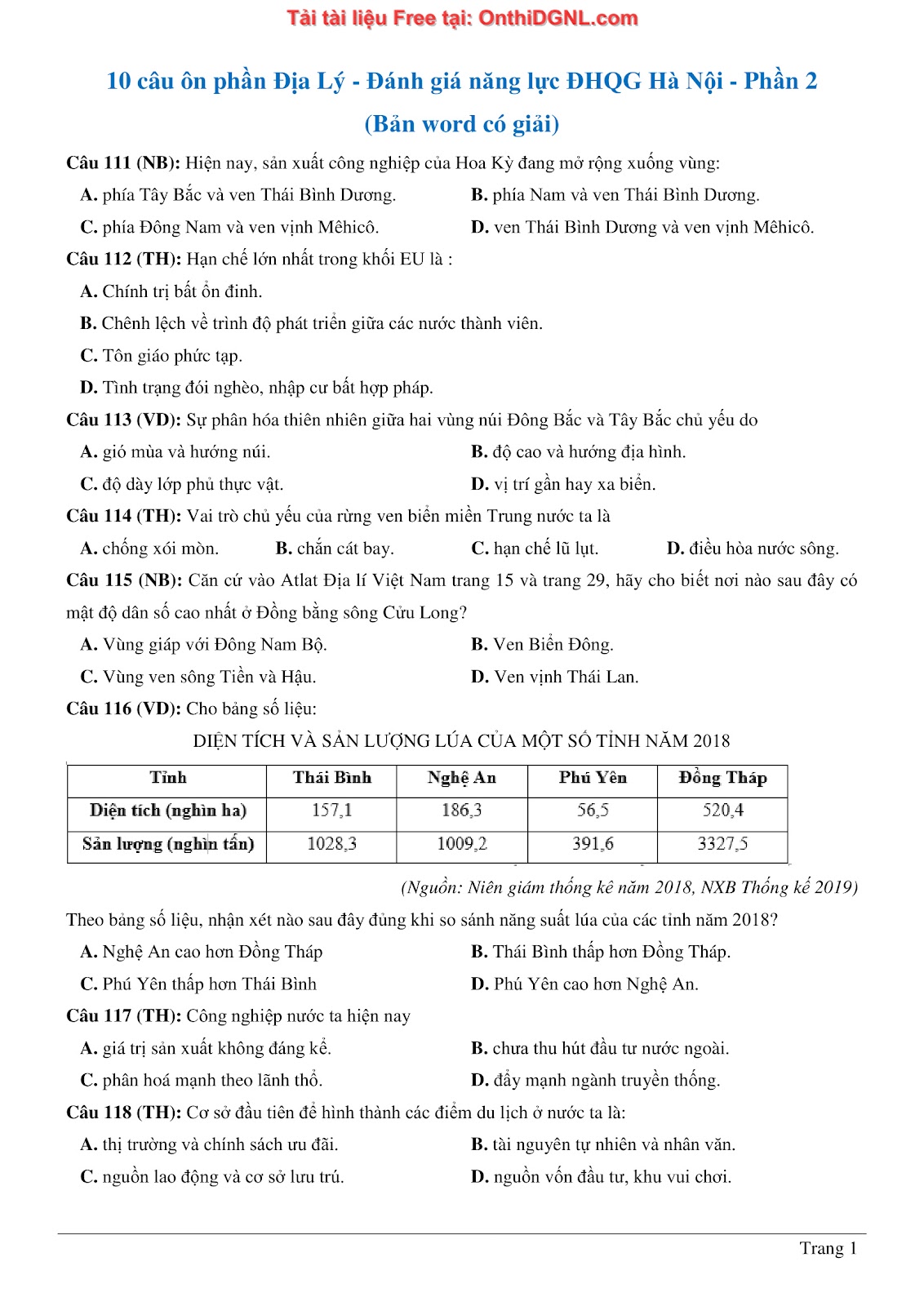 150bài tập môn Địa Lý - Ôn thi ĐGNL ĐHQG TP hà nội Phần 2