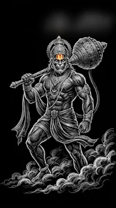 Lord Hanuman with Gada in Divine Monochrome Smoke