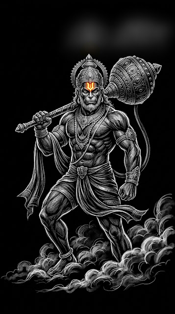 Lord Hanuman with Gada in Divine Monochrome Smoke - Free mobile Wallpaper