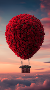 Romantic Red Rose Hot Air Balloon Above Pink Sunset Clouds